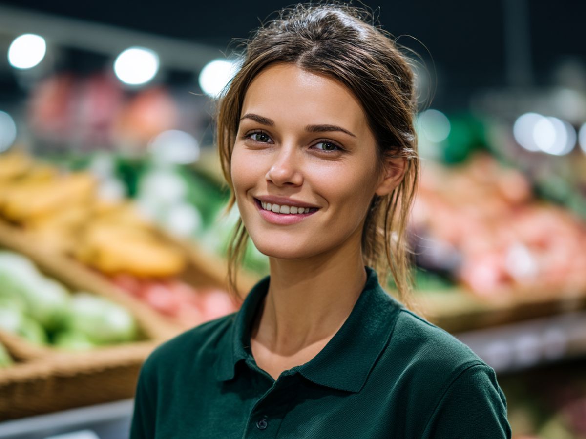 Employée de magasin souriante au rayon fruits et légumes